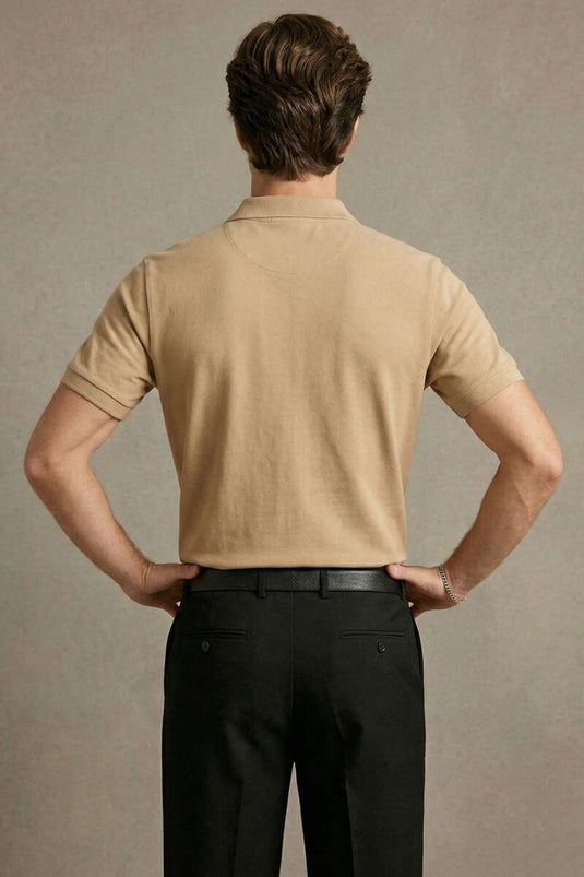 Slim Fit Yaka Düğmeli Erkek T-shirt Vizon