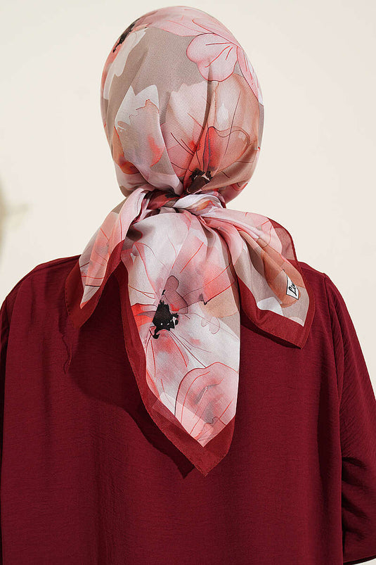 Bufanda Suave Con Estampado Floral Burdeos Beig