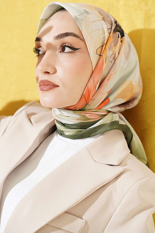 Soft Khaki Floral Patterned Scarf