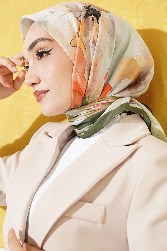 Soft Khaki Floral Patterned Scarf