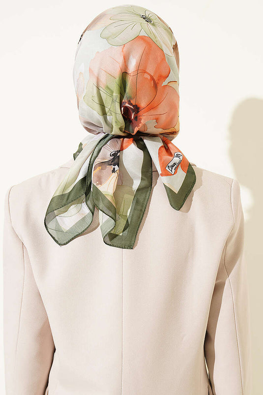Soft Khaki Floral Patterned Scarf