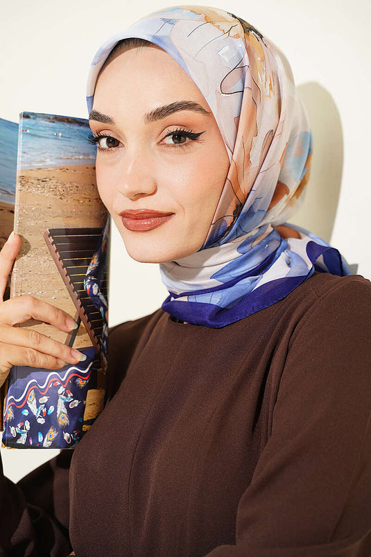 Sciarpa Con Motivi Floreali Morbida Blu Navy