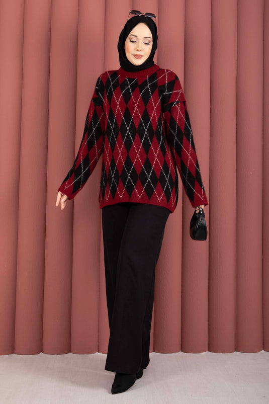 Softie Baklava Patterned Knit Sweater Burgundy-Black