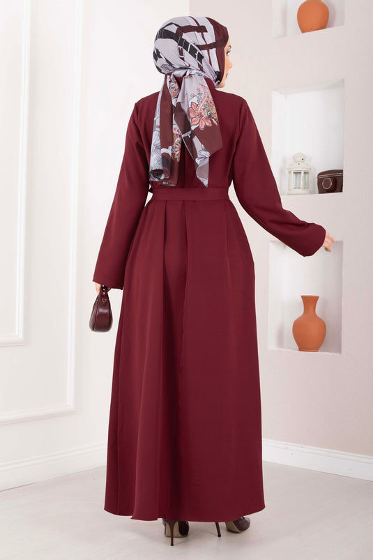 Softline Half-Buttoned Belted Modest Dress Burgundy