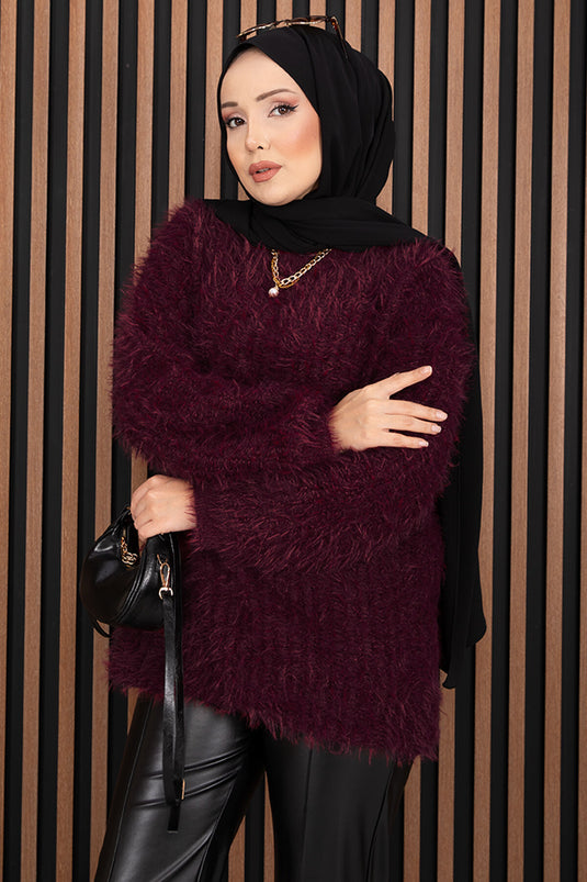 Softy Peluş Dokulu Triko Kazak Bordo