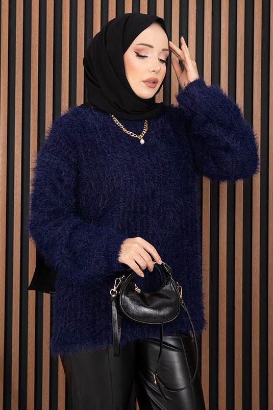 Softy Peluş Dokulu Triko Kazak Lacivert