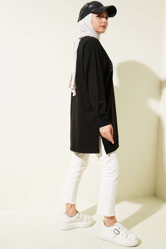 Tunic in Nero con Stampa a Due Fili