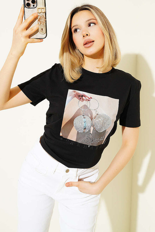Special Mini Taş Baskılı T-shirt Siyah