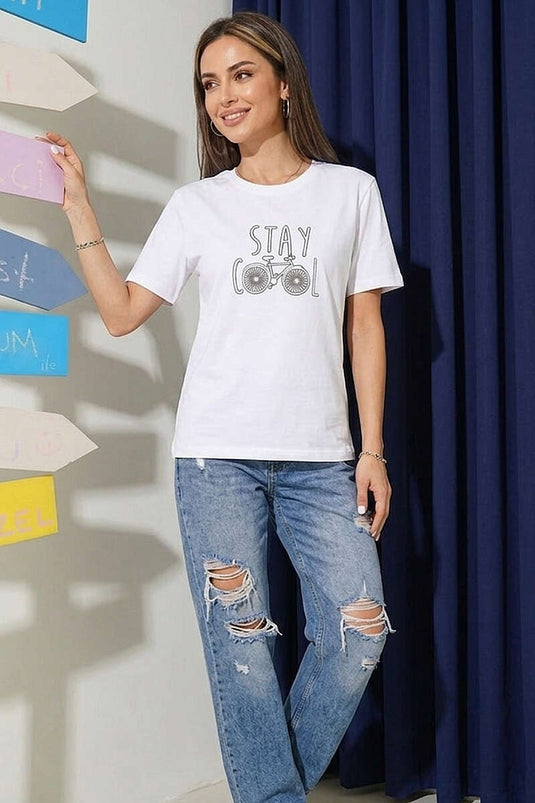 تيشيرت بستايل Stay Cool بلون بيج فاتح