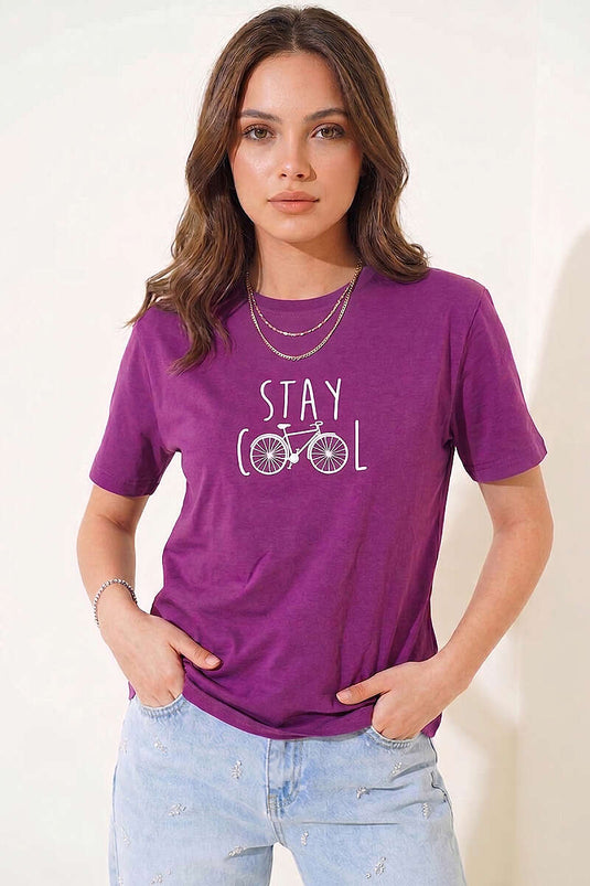 Stay Cool Baskılı T-shirt Mor