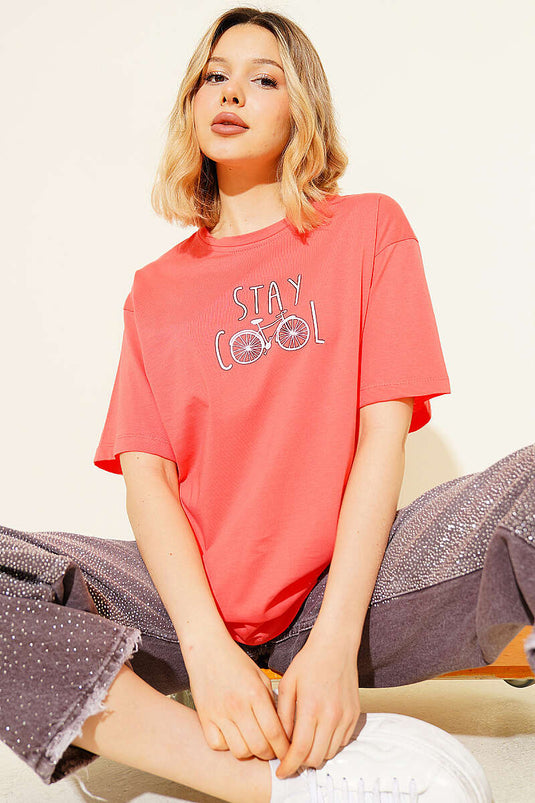Stay Cool Baskılı T-shirt Somon