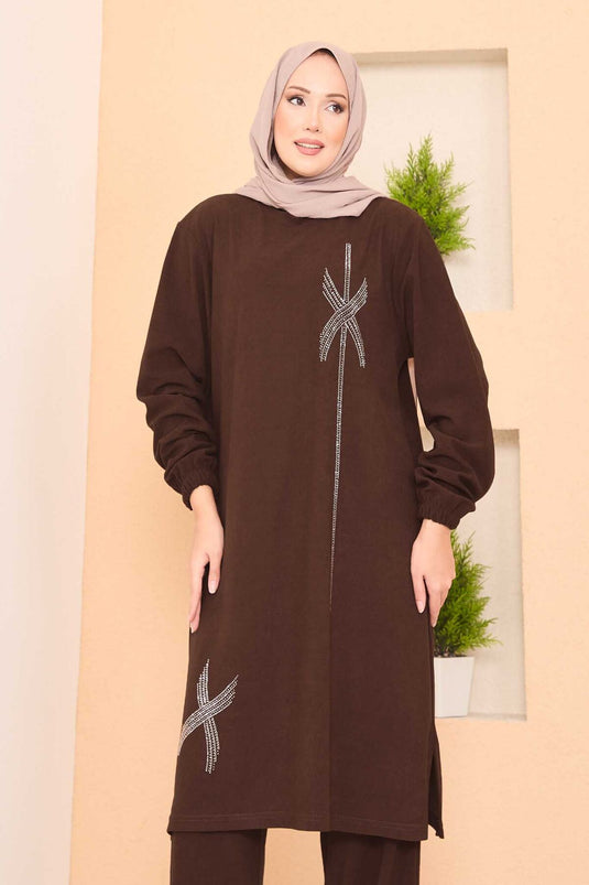 Stylized Stone Patterned Mini Slit Hijab Suit Brown