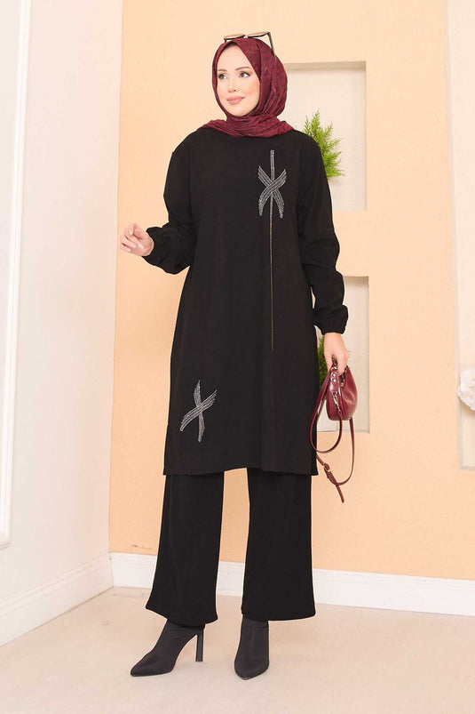 Stylized Stone Patterned Mini Slit Hijab Suit Black