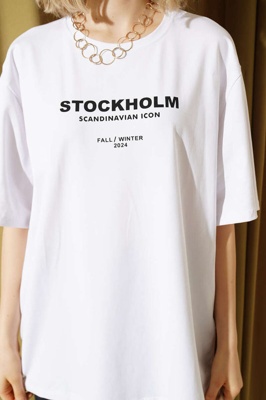 Stockholm Yazılı T-shirt Beyaz