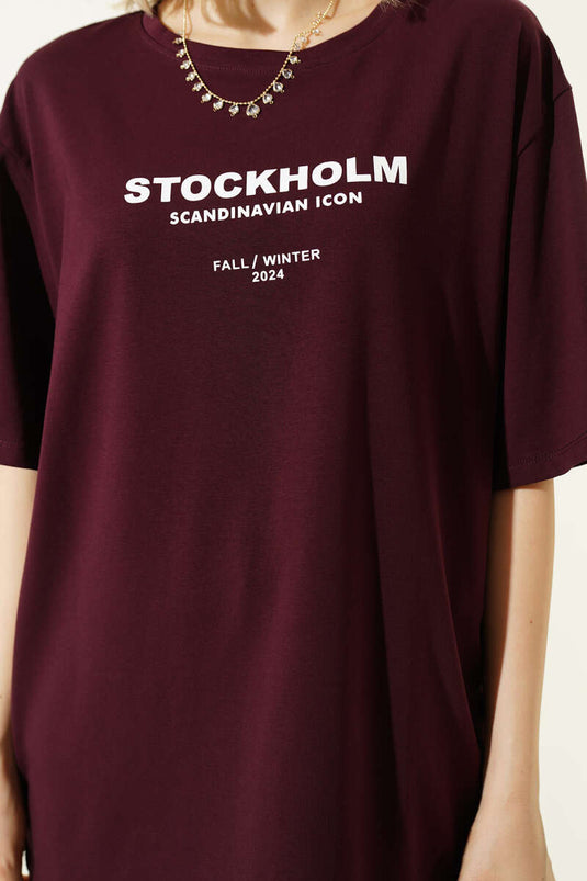 Stockholm Yazılı T-shirt Bordo