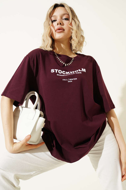 Stockholm Yazılı T-shirt Bordo