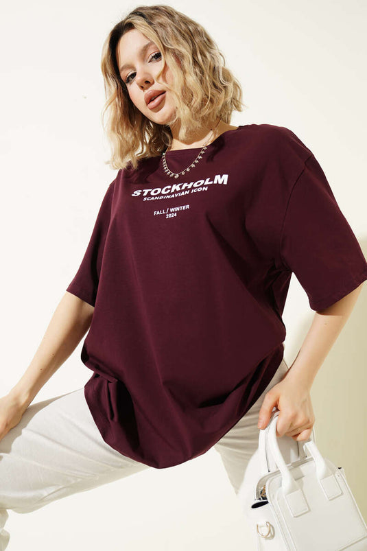 Stockholm Yazılı T-shirt Bordo