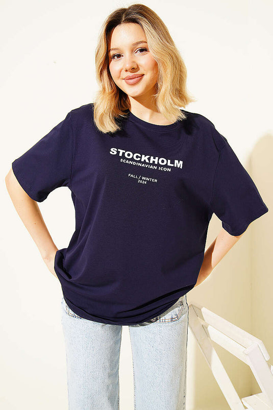 Stockholm Yazılı T-shirt Lacivert