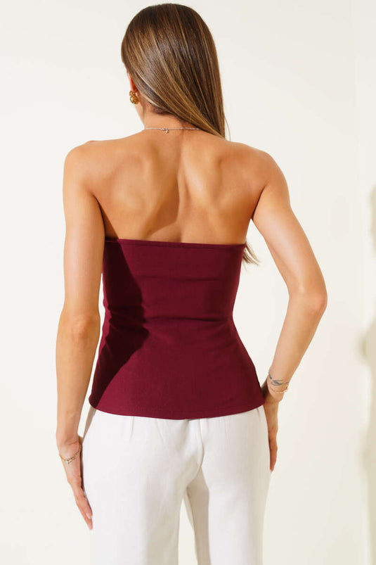 Strapless Button Detail Corset Blouse Burgundy