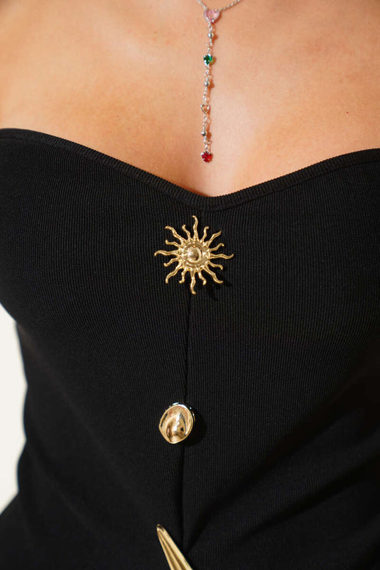 Straplez Düğme Detaylı Kaşkorse Bluz Siyah