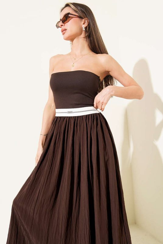 Straplez Garni Detaylı Midi Elbise Kahve