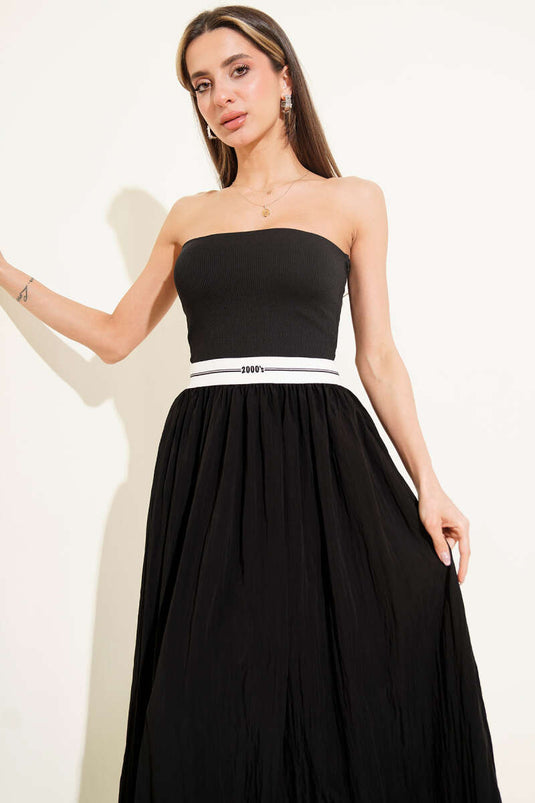 Straplez Garni Detaylı Midi Elbise Siyah