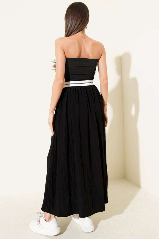 Straplez Garni Detaylı Midi Elbise Siyah