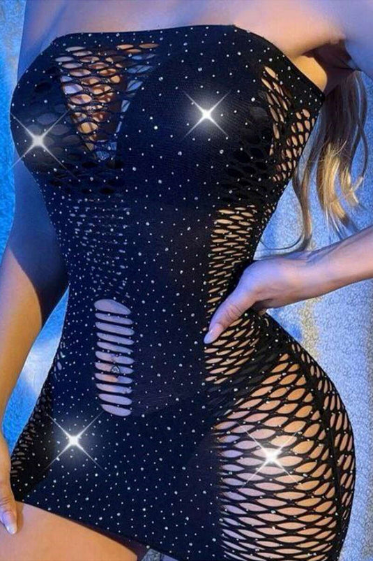 Collant résille fantaisie à pierres mini strapless noir