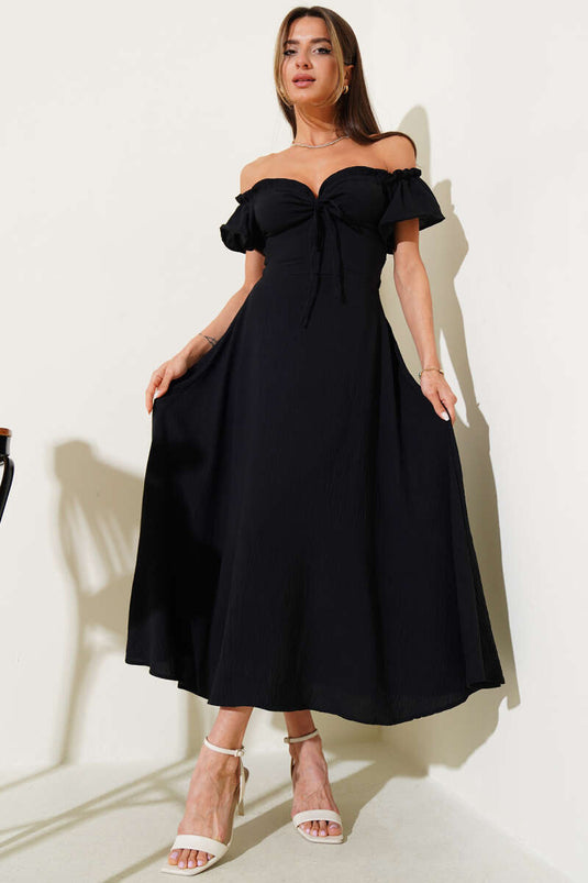 Strapless Neck Elastic Waist Dress Black