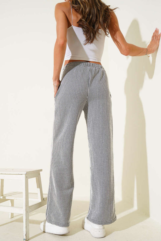 Su Yolu Beli Lastikli Pantolon Siyah