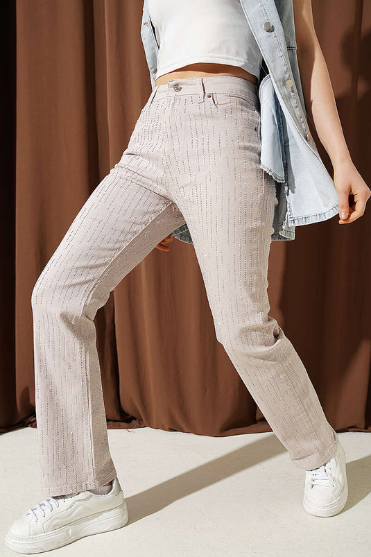 Pantalon en gabardine jean beige avec pierres Su Yolu