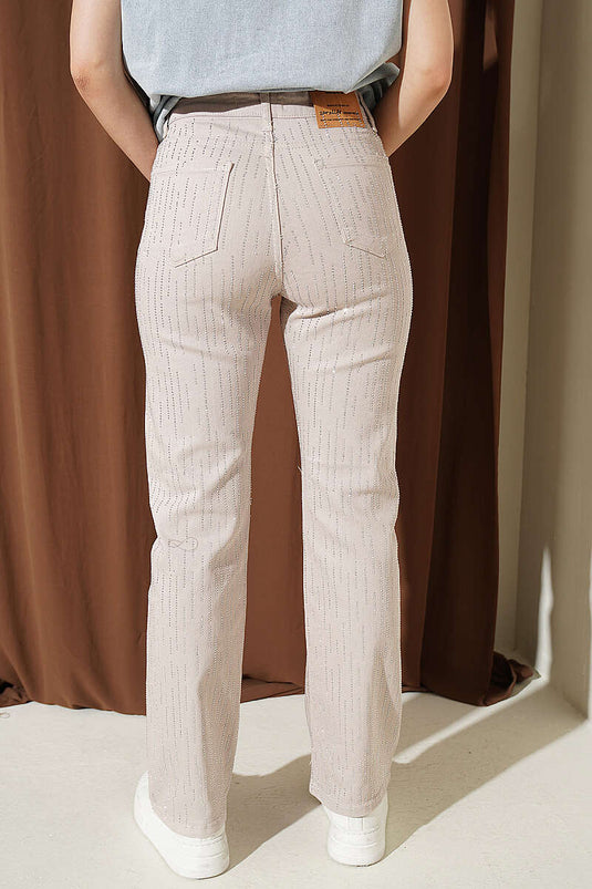 Pantalon en gabardine jean beige avec pierres Su Yolu