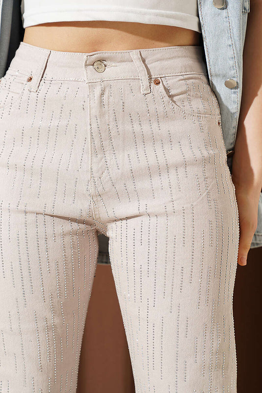 Pantalon en gabardine jean beige avec pierres Su Yolu