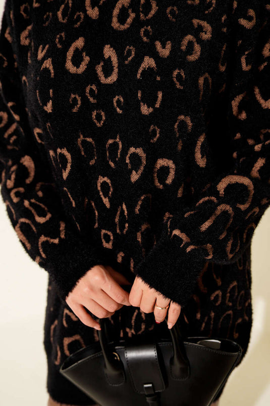 Leopard Patterned Bearded Tunic Black Camel