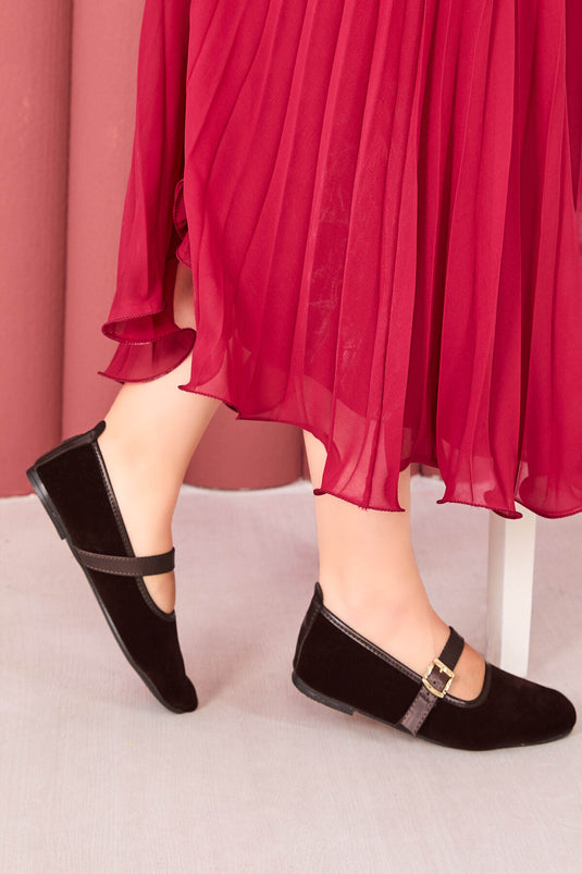 Süet Altın Tokalı Mary Jane Babet Kahve