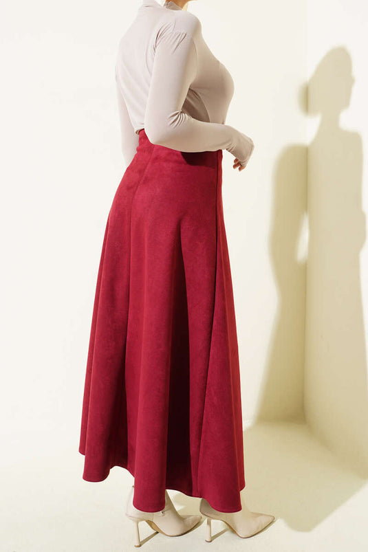 Süet Bel Fermuarlı Çan Etek Bordo