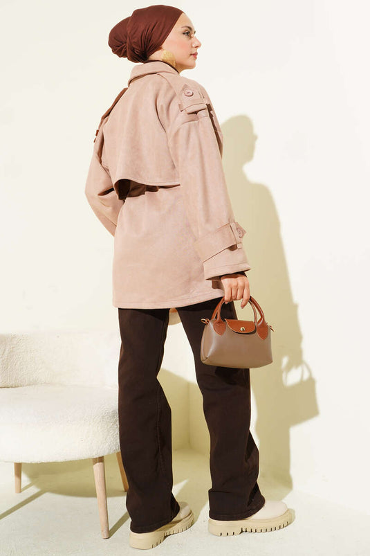 Trench-coat en daim beige avec cape et ceinture, beige