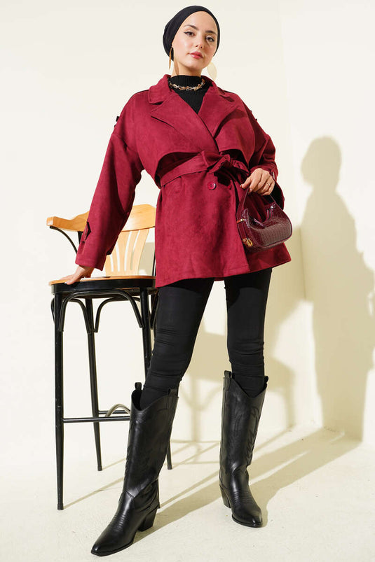 Trench-coat en daim avec cape et ceinture, bordeaux