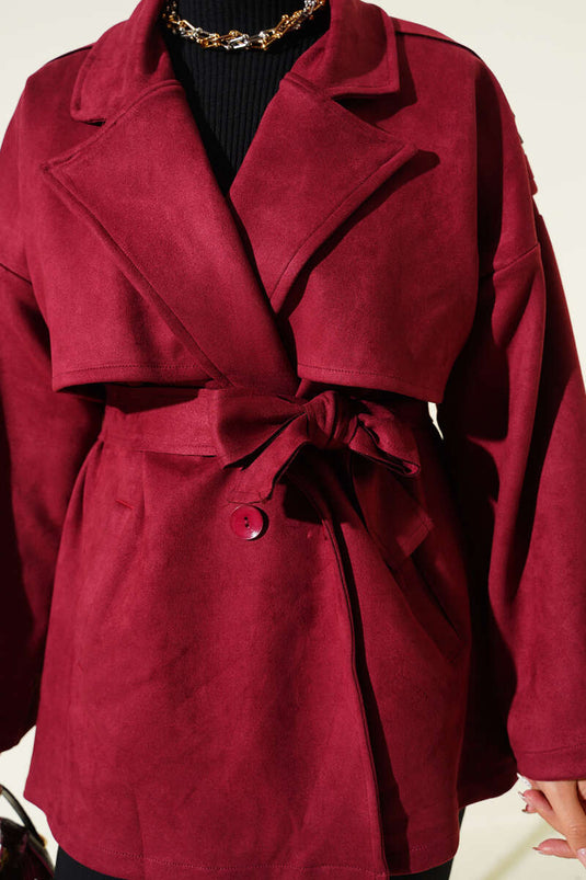 Trench-coat en daim avec cape et ceinture, bordeaux