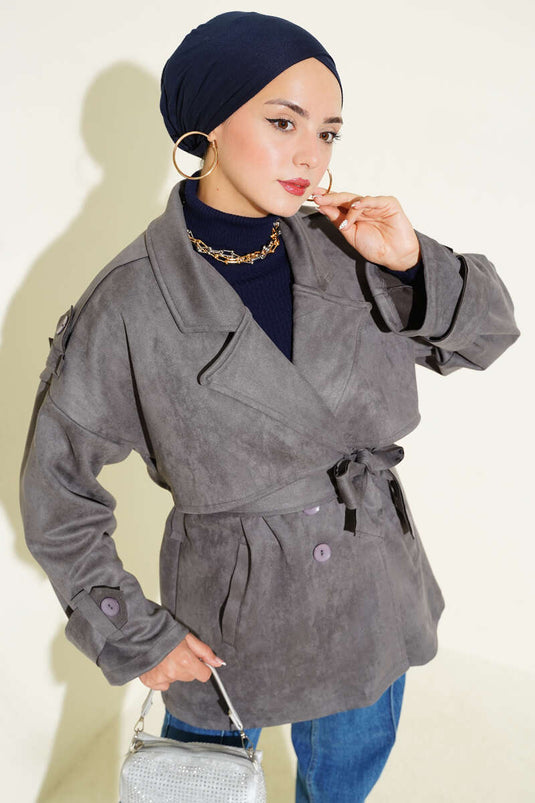 Süet Pelerinli Kuşaklı Trençkot Füme