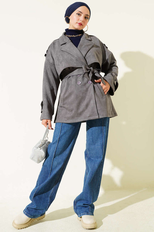 Trench-coat en daim avec cape et ceinture, gris fumé