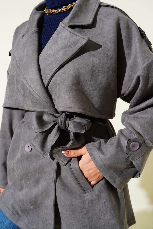 Süet Pelerinli Kuşaklı Trençkot Füme