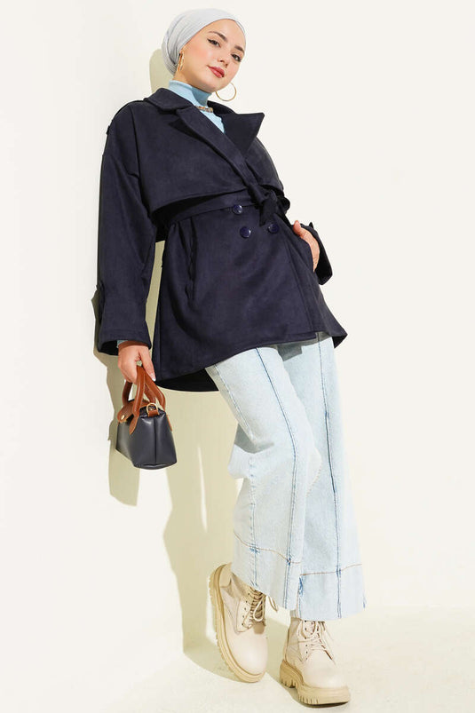 Trench-coat en daim avec cape et ceinture, bleu marine