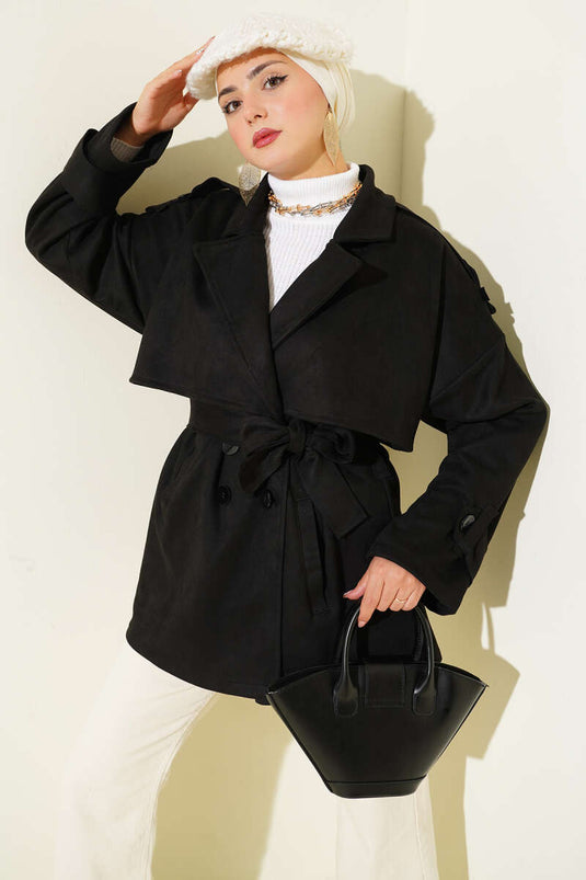 Trench-coat en daim avec cape et ceinture, noir