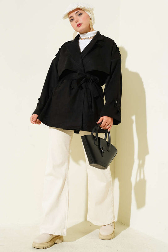 Trench-coat en daim avec cape et ceinture, noir