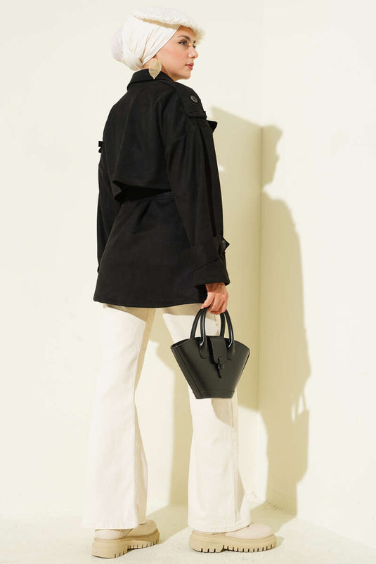 Trench-coat en daim avec cape et ceinture, noir