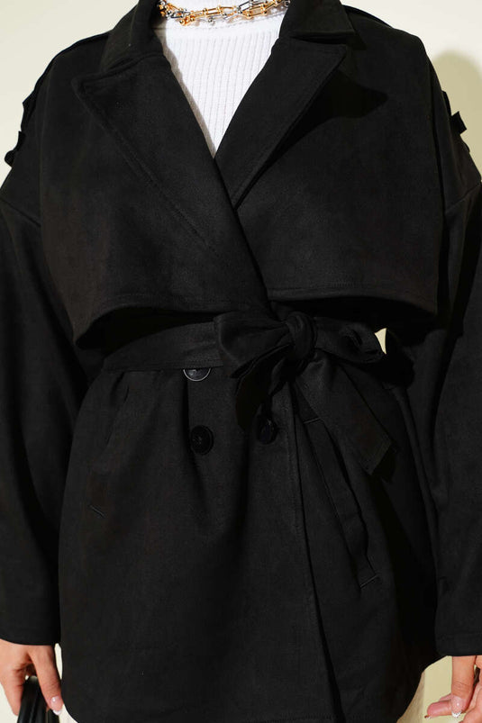 Trench-coat en daim avec cape et ceinture, noir