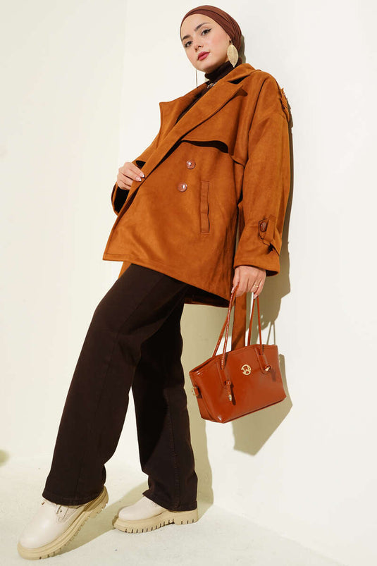 Trench-coat en daim avec cape et ceinture, beige