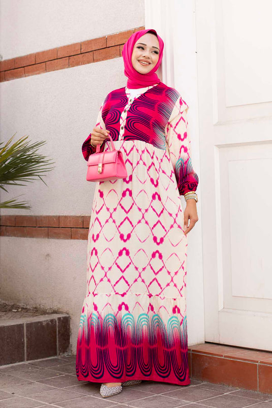 Robe Hijab En Viscose À Motifs Aqueux Fuchsia