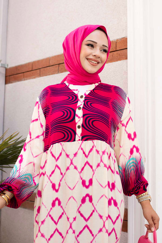 Viscose hijabjurk met waterig patroon Fuchsia